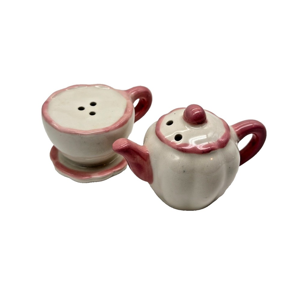 Ceramic Floral Mini Teapot & Teacup Salt & Pepper Shakers Set, White/Pink